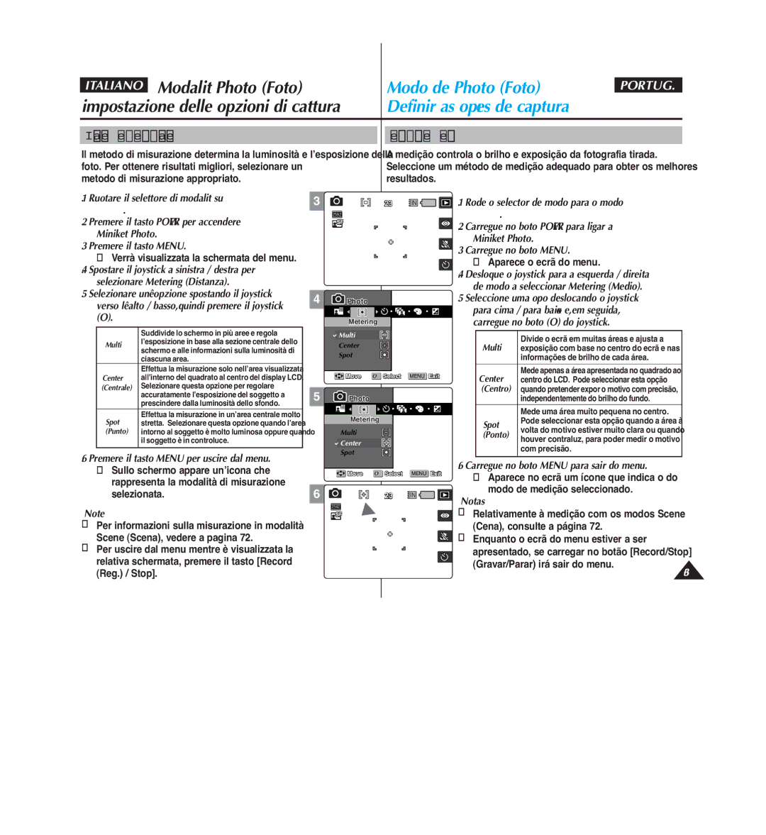 Samsung VP-MM11S/XET, VP-MM12S/XET, VP-MM12BL/XET manual Impostazione del metodo di misurazione, Definir o método de medição 