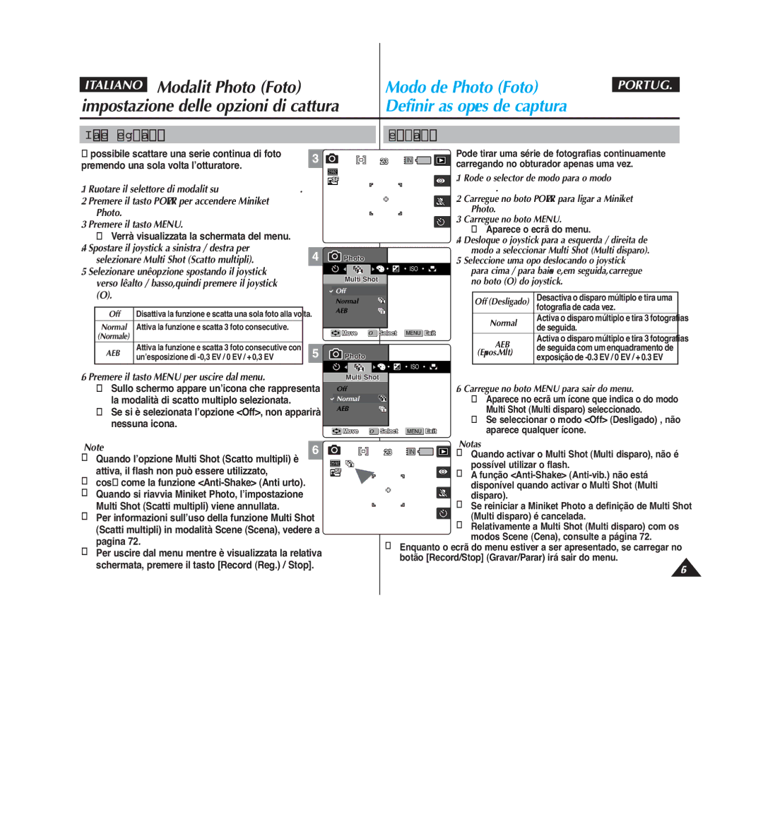 Samsung VP-MM12BL/XET, VP-MM11S/XET, VP-MM12S/XET manual Impostazione degli scatti multipli, Definir o disparo múltiplo 