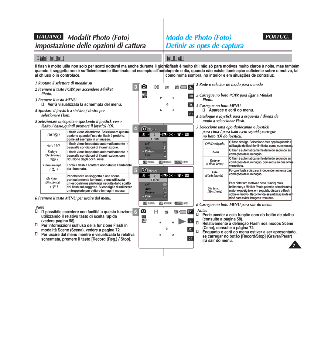 Samsung VP-MM12BL/XET, VP-MM11S/XET Impostazione del flash Definir o Flash, Spostare il joystick a sinistra / destra per 