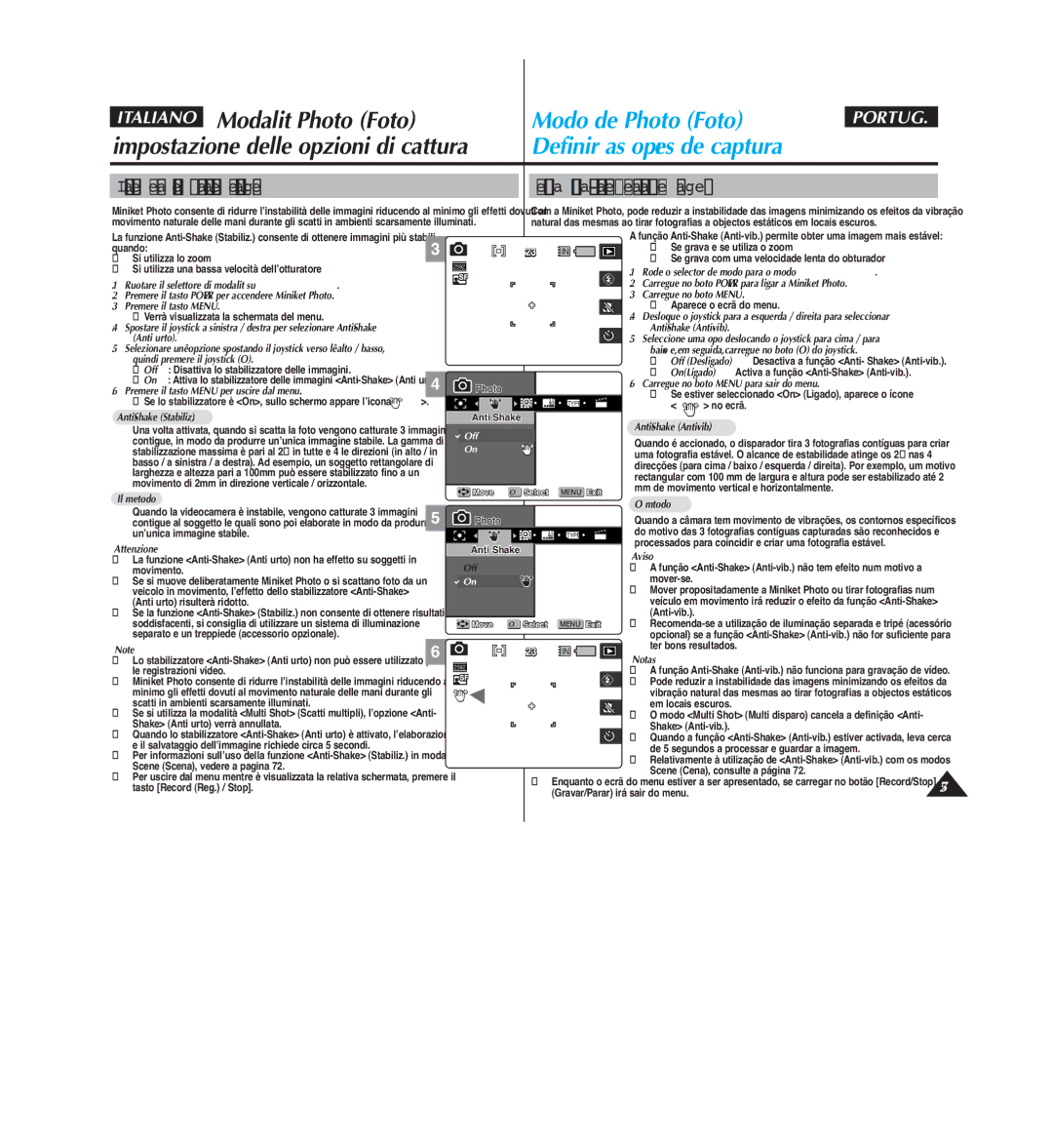 Samsung VP-MM11S/XET, VP-MM12S/XET, VP-MM12BL/XET manual Anti-Shake Stabiliz, Il metodo Método 