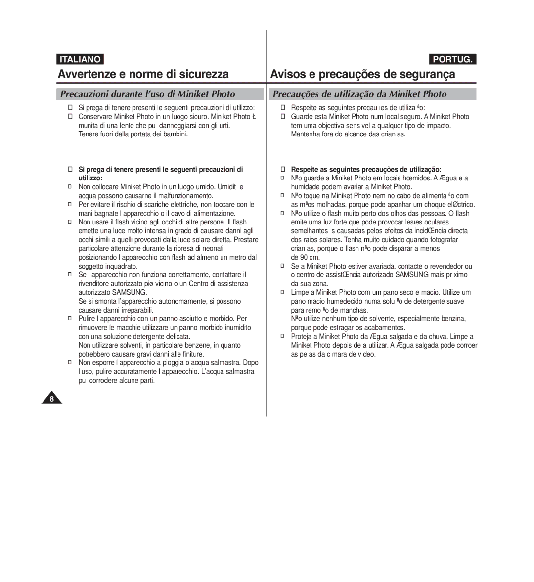 Samsung VP-MM12BL/XET, VP-MM11S/XET, VP-MM12S/XET manual Respeite as seguintes precauções de utilização 