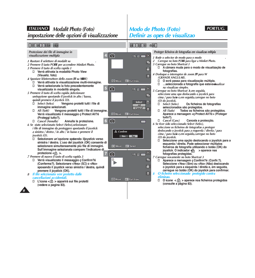 Samsung VP-MM12BL/XET Protezione dei file di immagine, Desloque o interruptor de zoom W/T para W, Na visualização simples 