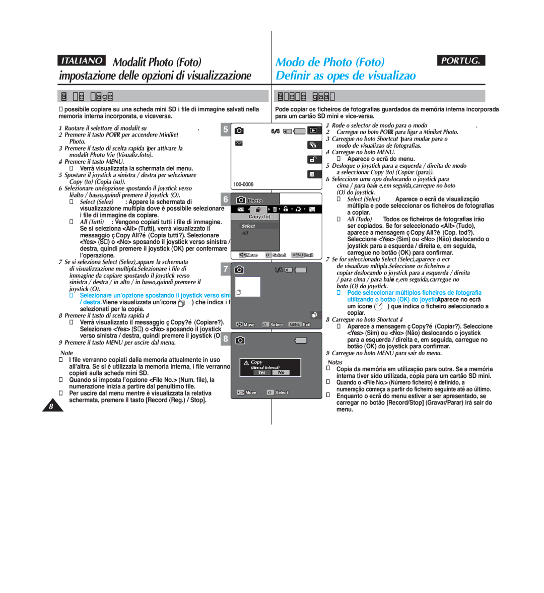 Samsung VP-MM12S/XET, VP-MM11S/XET, VP-MM12BL/XET manual Copia di file di immagine Copiar ficheiros de fotografias 