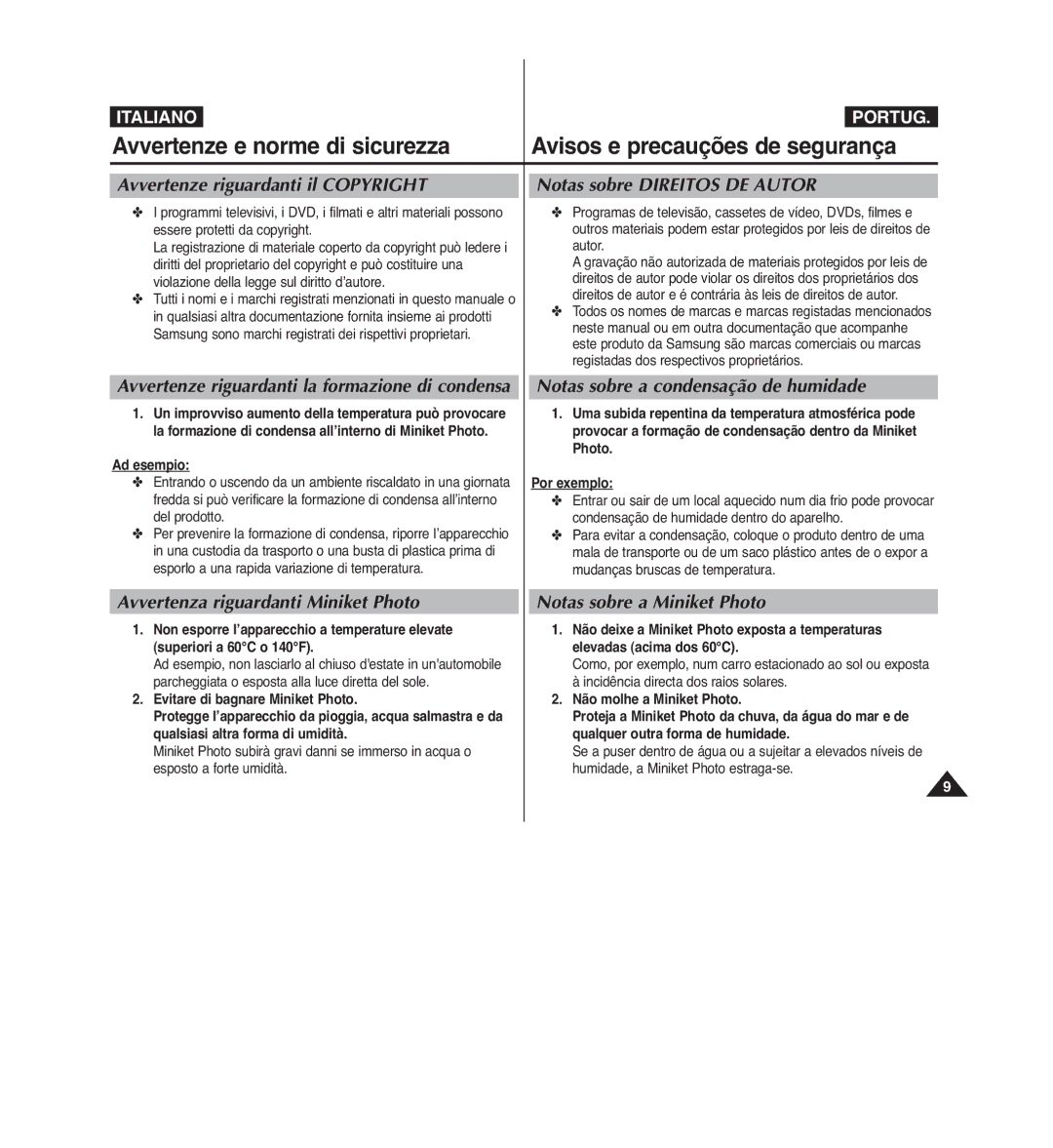 Samsung VP-MM11S/XET, VP-MM12S/XET, VP-MM12BL/XET manual Avvertenze e norme di sicurezza, Avisos e precauções de segurança 