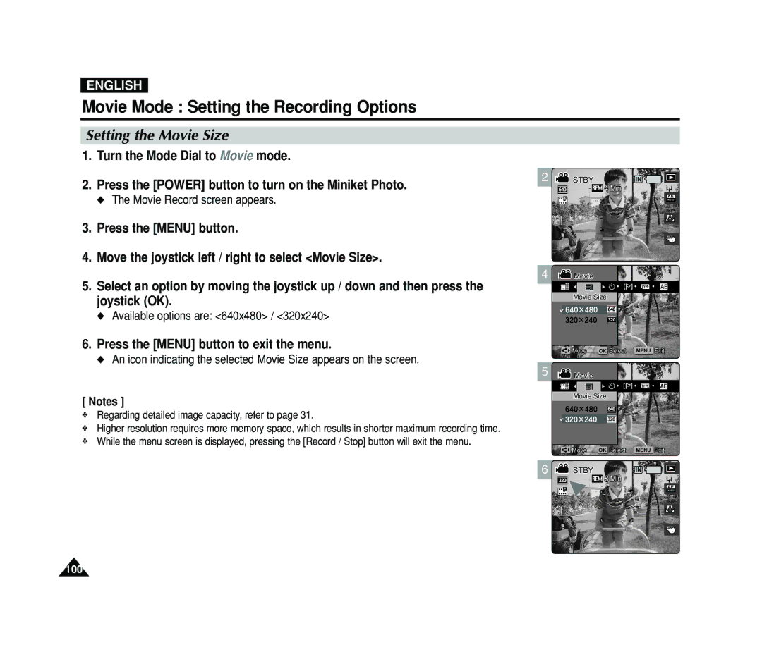 Samsung VP-MS11, VP-MS15 manual Setting the Movie Size, Available options are 640x480 