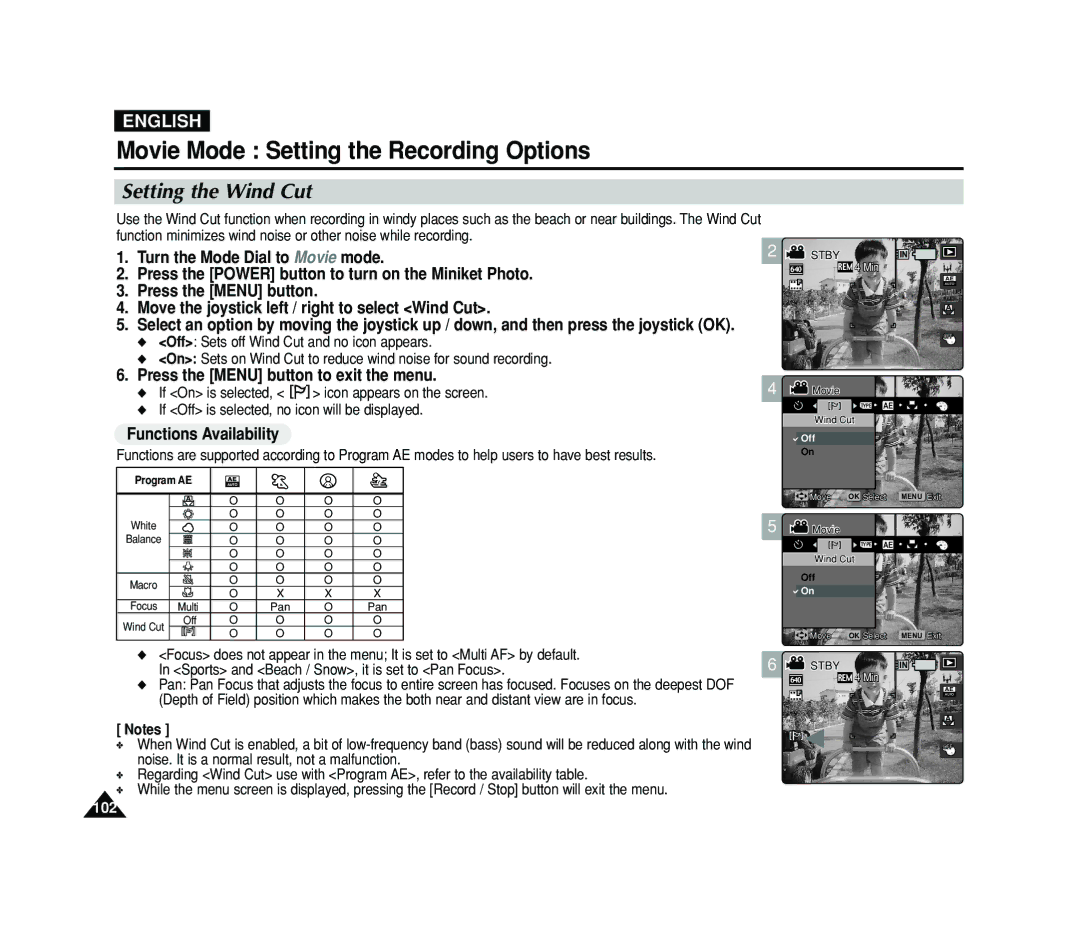 Samsung VP-MS11, VP-MS15 manual Setting the Wind Cut, Functions Availability 