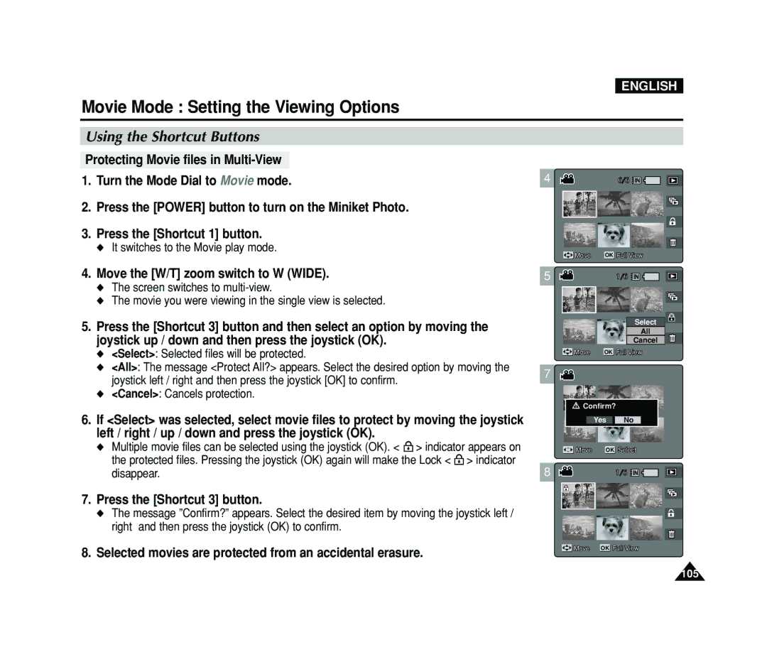 Samsung VP-MS15, VP-MS11 manual Selected movies are protected from an accidental erasure, It switches to the Movie play mode 