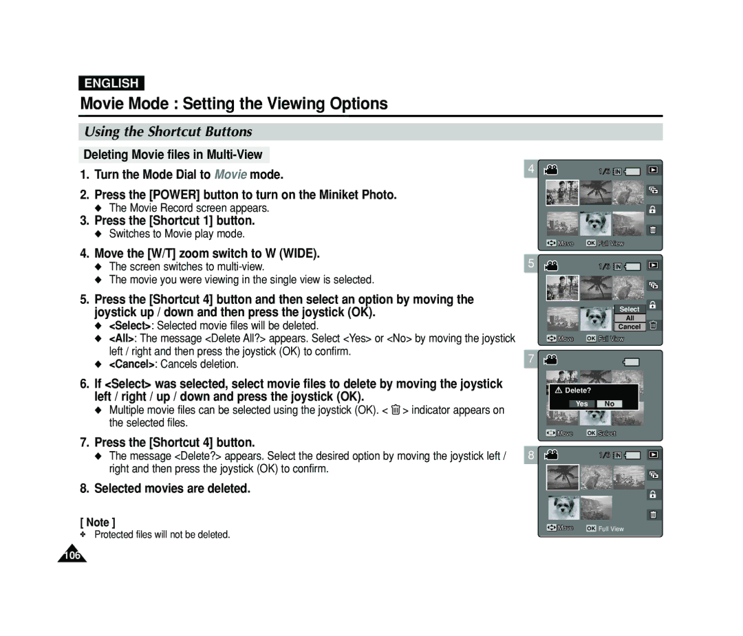 Samsung VP-MS11, VP-MS15 manual Selected movies are deleted, Movie Record screen appears 