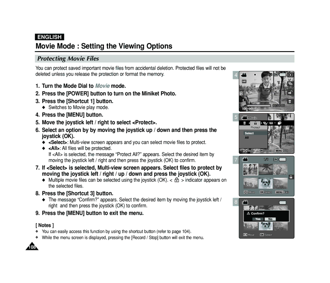 Samsung VP-MS11, VP-MS15 manual Protecting Movie Files, Press the Shortcut 3 button 