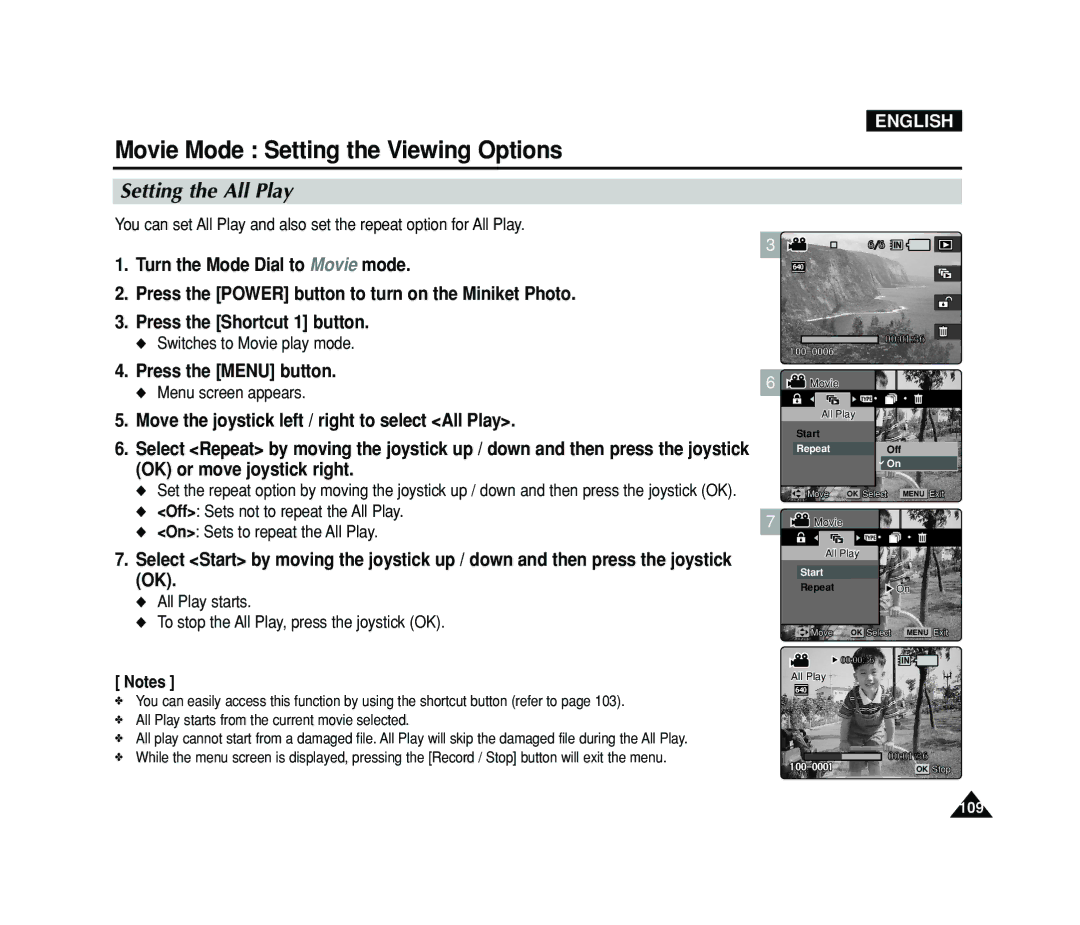 Samsung VP-MS15, VP-MS11 manual Setting the All Play, All Play starts To stop the All Play, press the joystick OK 