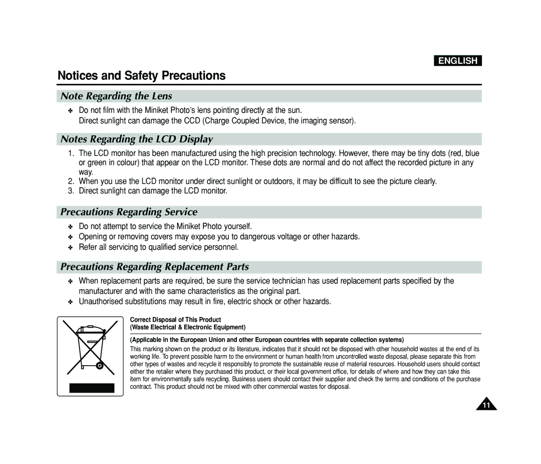 Samsung VP-MS15, VP-MS11 manual Precautions Regarding Service, Precautions Regarding Replacement Parts 