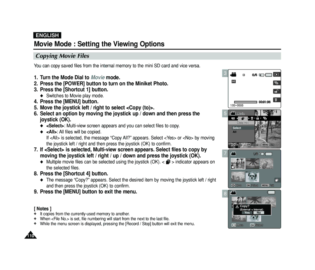 Samsung VP-MS11, VP-MS15 manual Copying Movie Files, Press the Shortcut 4 button 