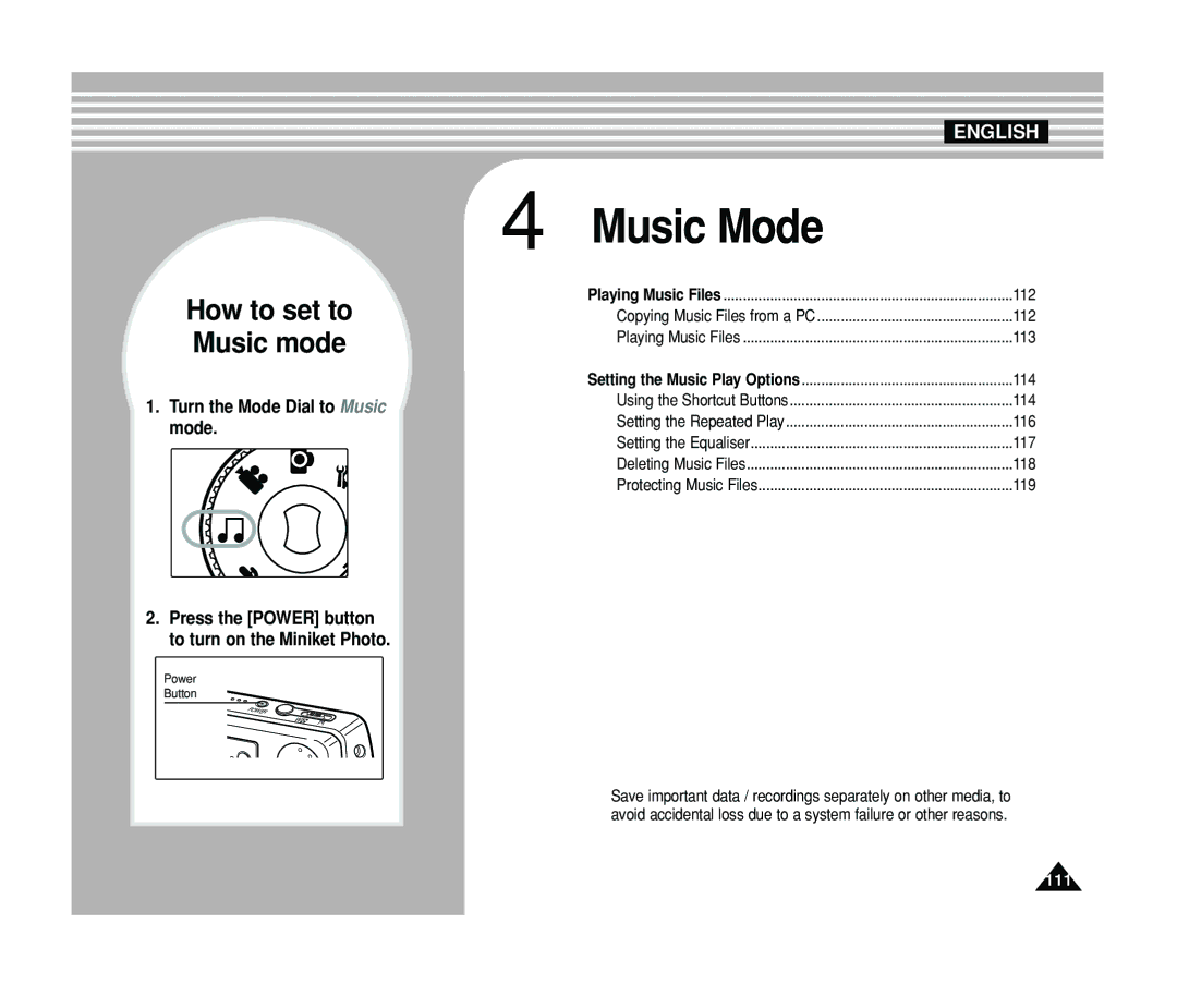 Samsung VP-MS15, VP-MS11 manual Music Mode 