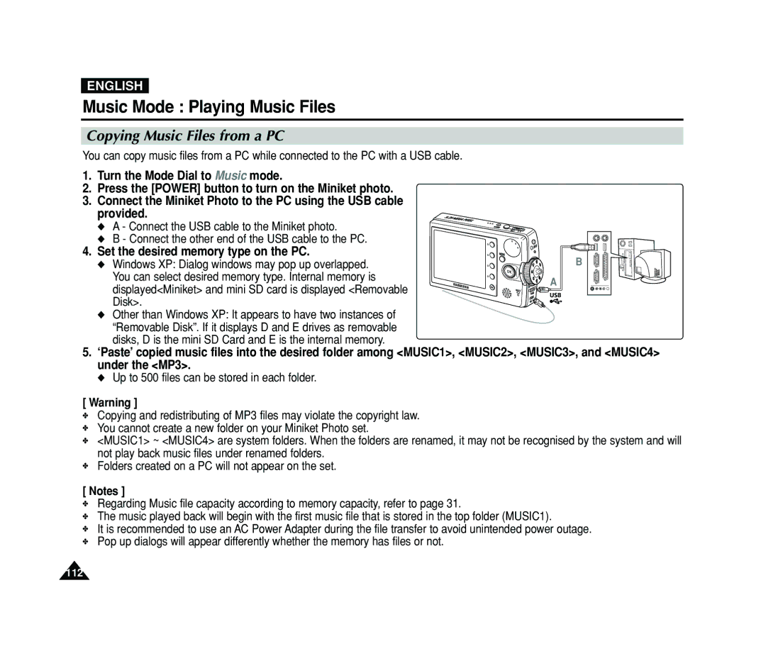 Samsung VP-MS11 manual Music Mode Playing Music Files, Copying Music Files from a PC, Set the desired memory type on the PC 