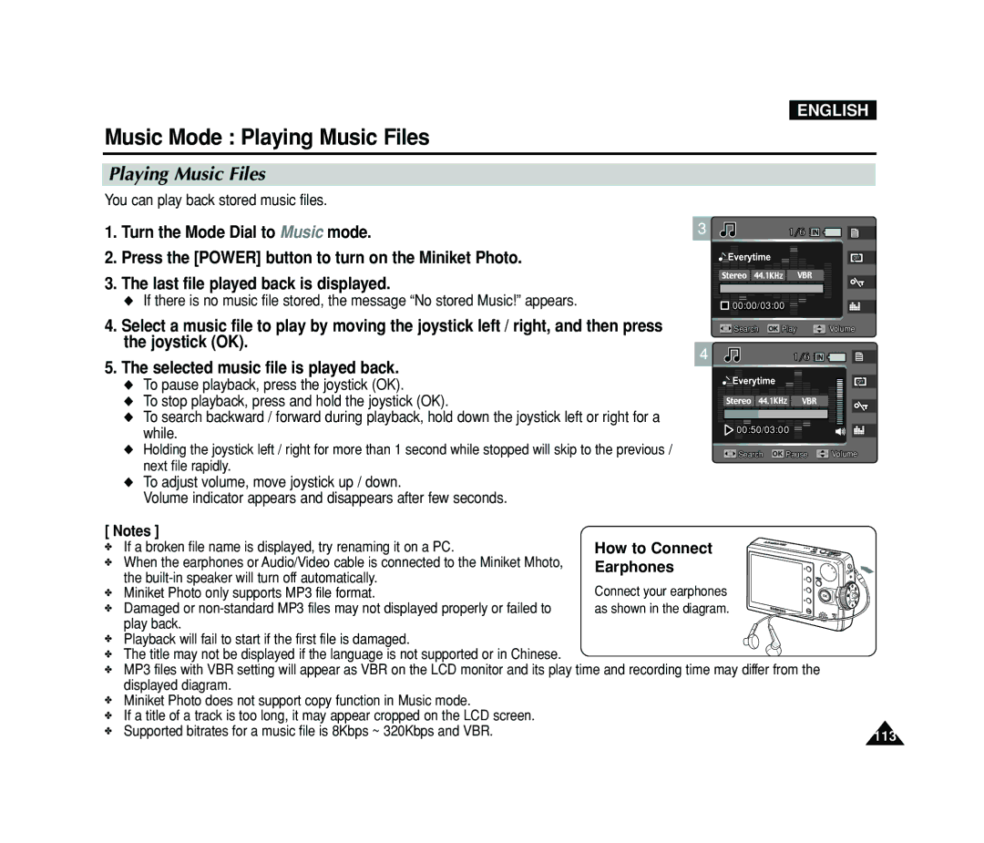 Samsung VP-MS15, VP-MS11 manual Playing Music Files, You can play back stored music files 