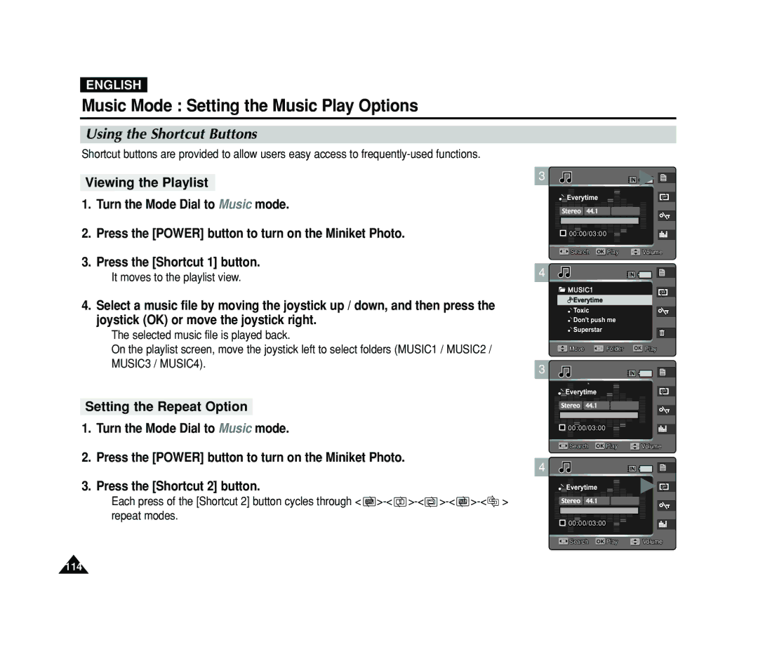 Samsung VP-MS11, VP-MS15 manual Music Mode Setting the Music Play Options, It moves to the playlist view 