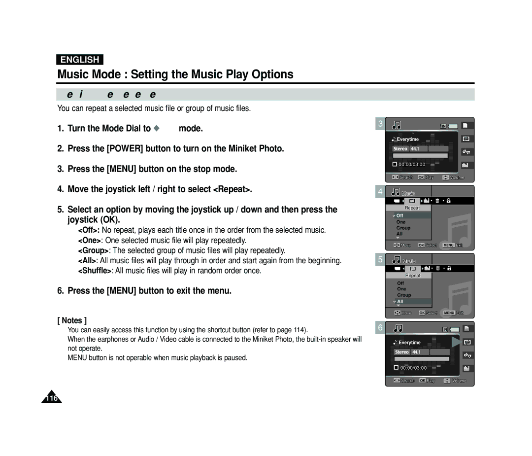 Samsung VP-MS11, VP-MS15 manual Setting the Repeated Play, You can repeat a selected music file or group of music files 