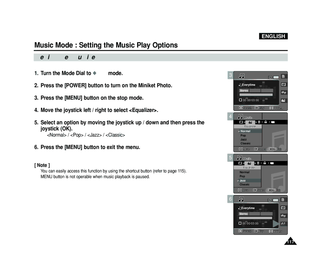 Samsung VP-MS15, VP-MS11 manual Setting the Equalizer, Normal / Pop / Jazz / Classic 