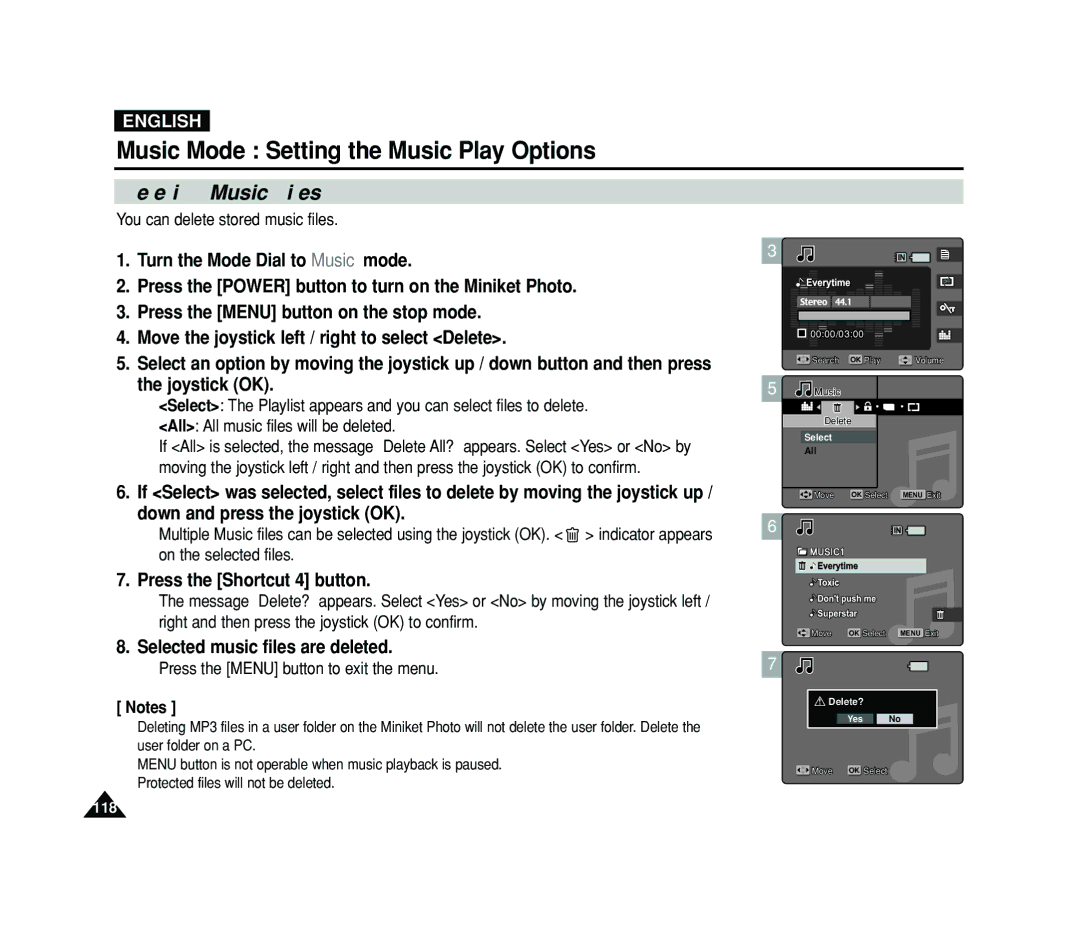 Samsung VP-MS11, VP-MS15 manual Deleting Music Files, Selected music files are deleted, You can delete stored music files 