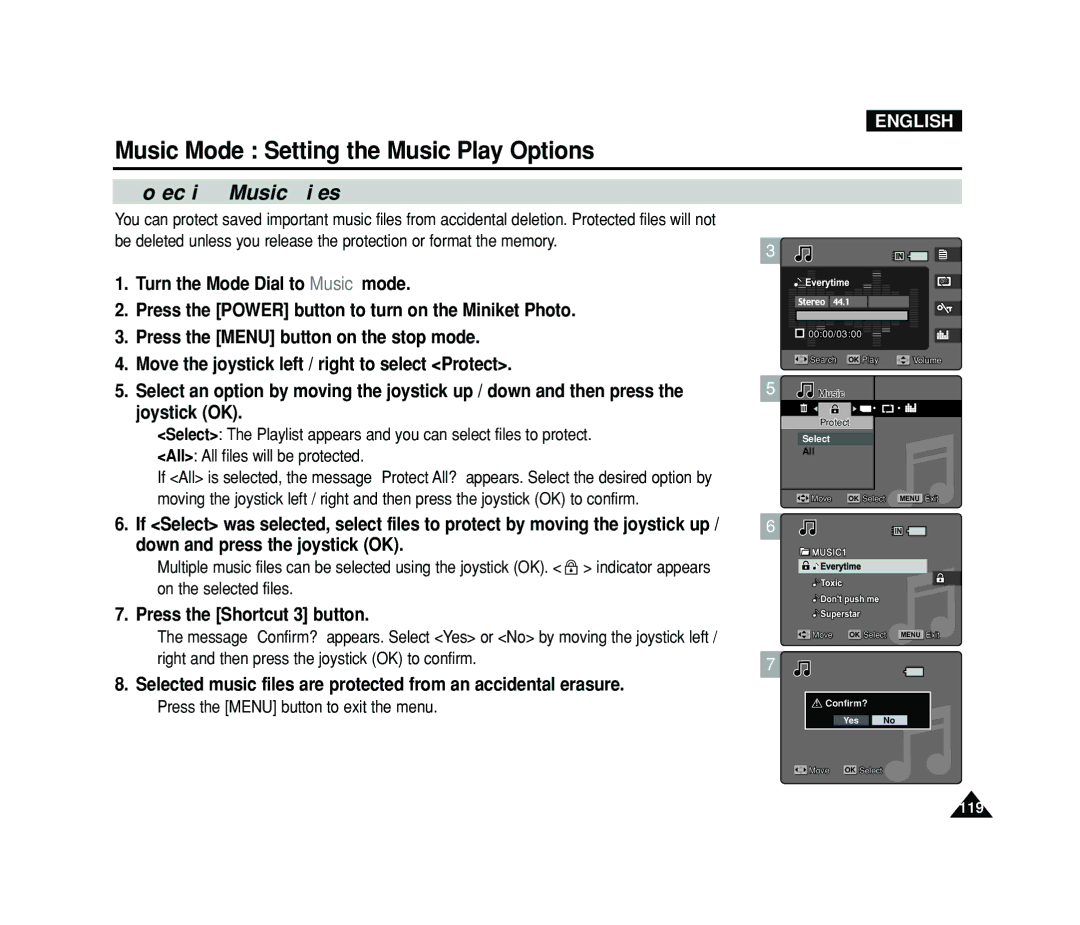 Samsung VP-MS15, VP-MS11 manual Protecting Music Files, Press the Shortcut 3 button 