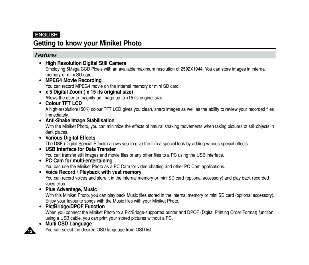 Samsung VP-MS11, VP-MS15 manual Getting to know your Miniket Photo, Features 