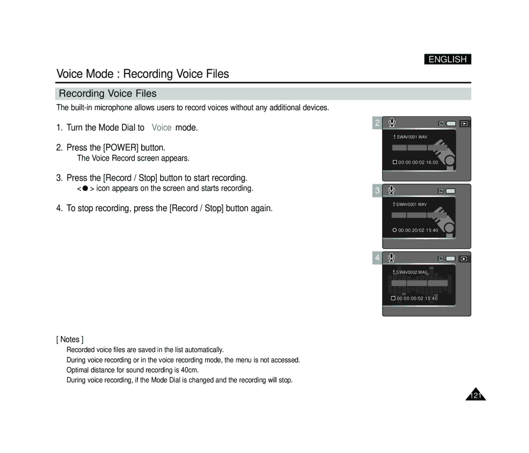 Samsung VP-MS15, VP-MS11 manual Voice Mode Recording Voice Files, Turn the Mode Dial to Voice mode Press the Power button 