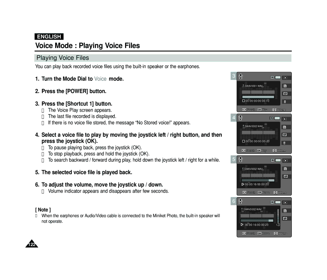 Samsung VP-MS11, VP-MS15 manual Voice Mode Playing Voice Files 