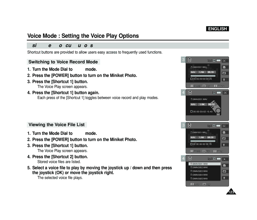 Samsung VP-MS15 manual Voice Mode Setting the Voice Play Options, Voice Play screen appears, Stored voice files are listed 