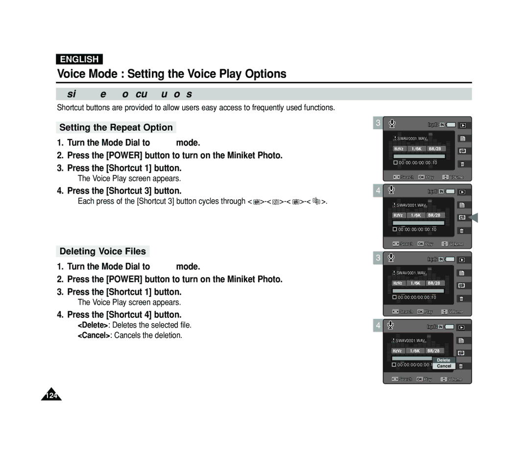 Samsung VP-MS11, VP-MS15 manual Deleting Voice Files 