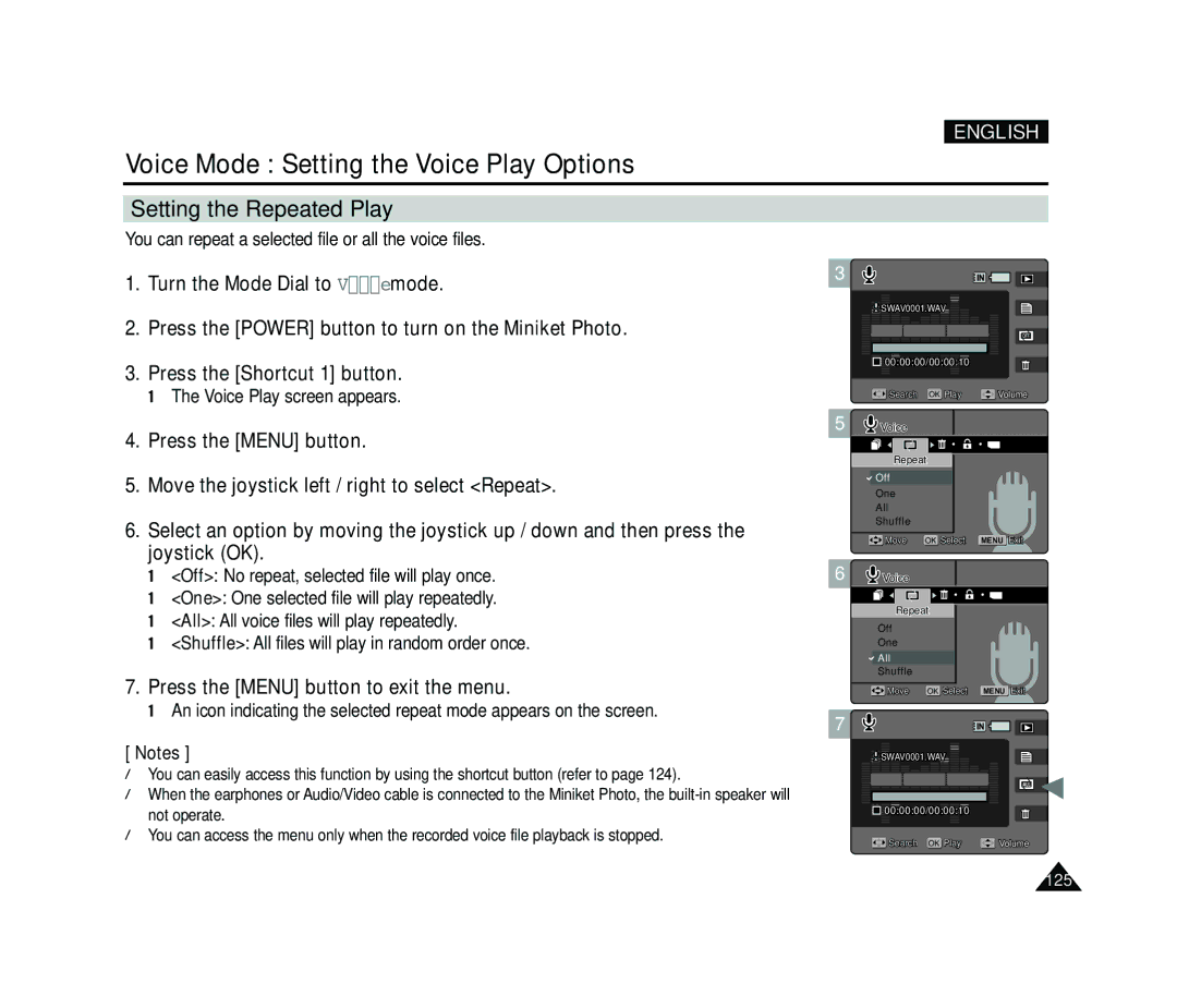 Samsung VP-MS15, VP-MS11 manual Setting the Repeated Play, You can repeat a selected file or all the voice files 