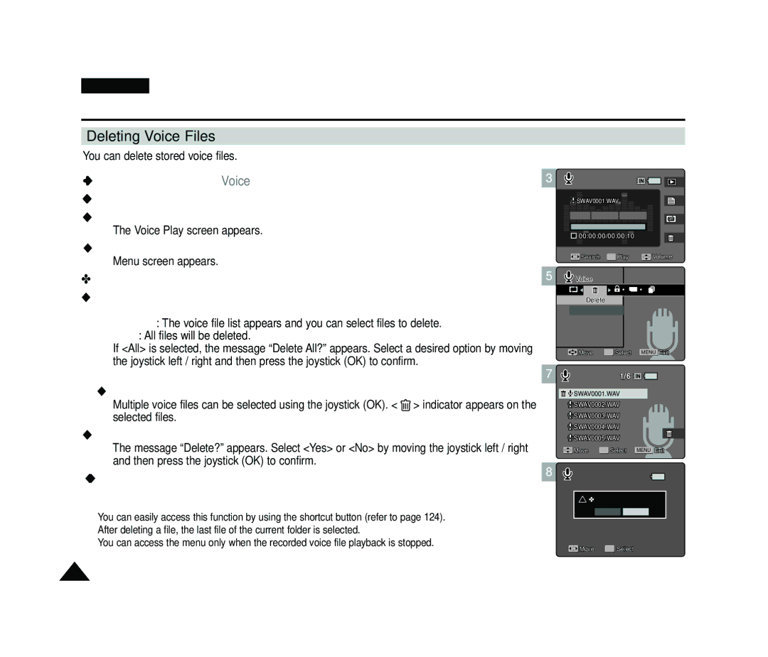 Samsung VP-MS11 Deleting Voice Files, Joystick up / down and press the joystick OK, You can delete stored voice files 