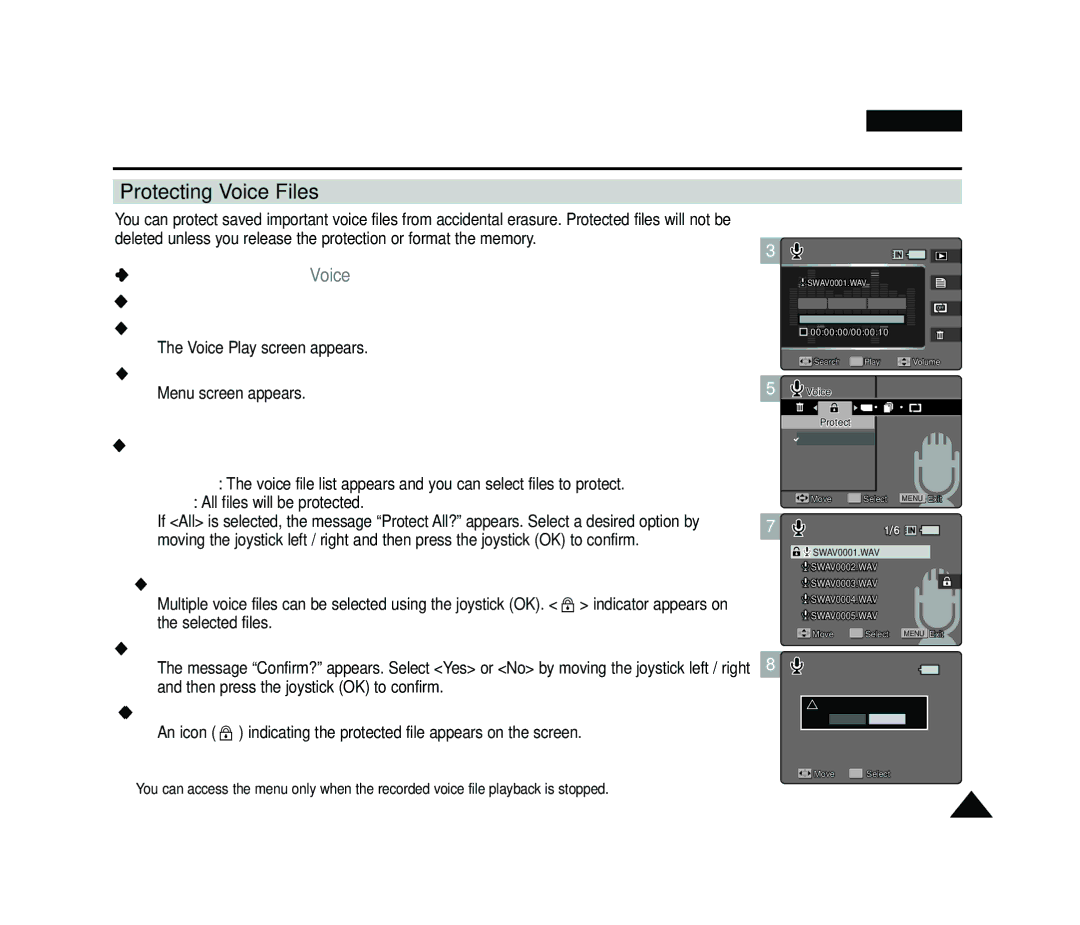 Samsung VP-MS15, VP-MS11 manual Protecting Voice Files, An icon indicating the protected file appears on the screen 