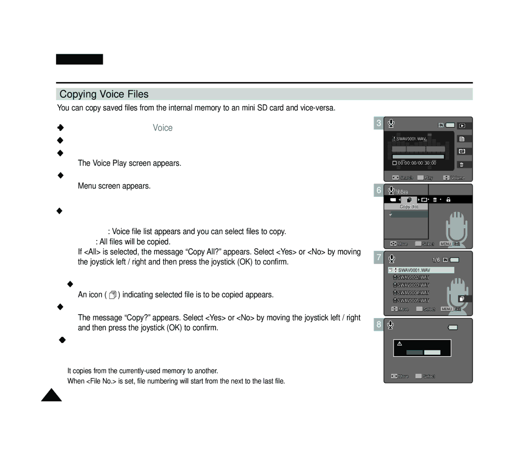 Samsung VP-MS11, VP-MS15 manual Copying Voice Files, An icon indicating selected file is to be copied appears 