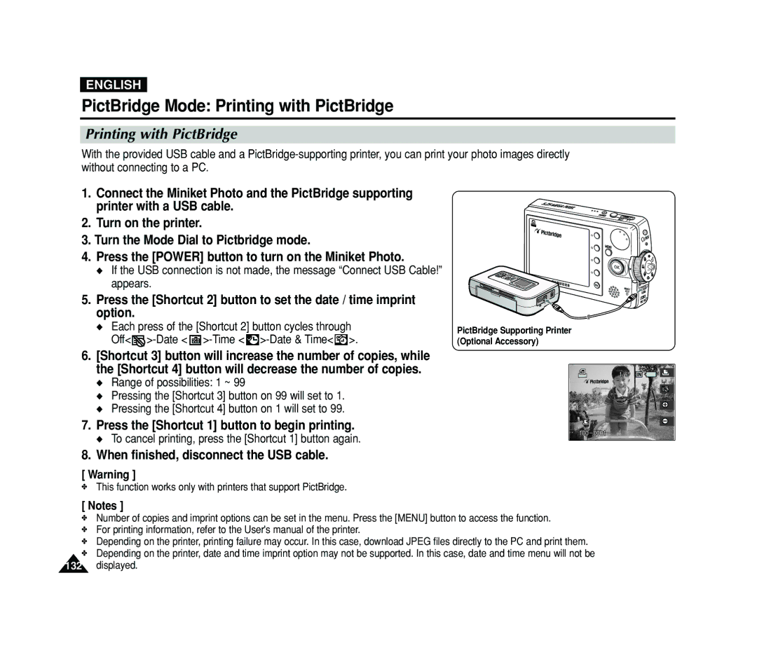 Samsung VP-MS11, VP-MS15 manual PictBridge Mode Printing with PictBridge, Press the Shortcut 1 button to begin printing 