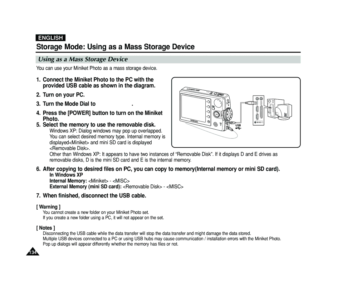 Samsung VP-MS11 Storage Mode Using as a Mass Storage Device, Windows XP, External Memory mini SD card Removable Disk Misc 