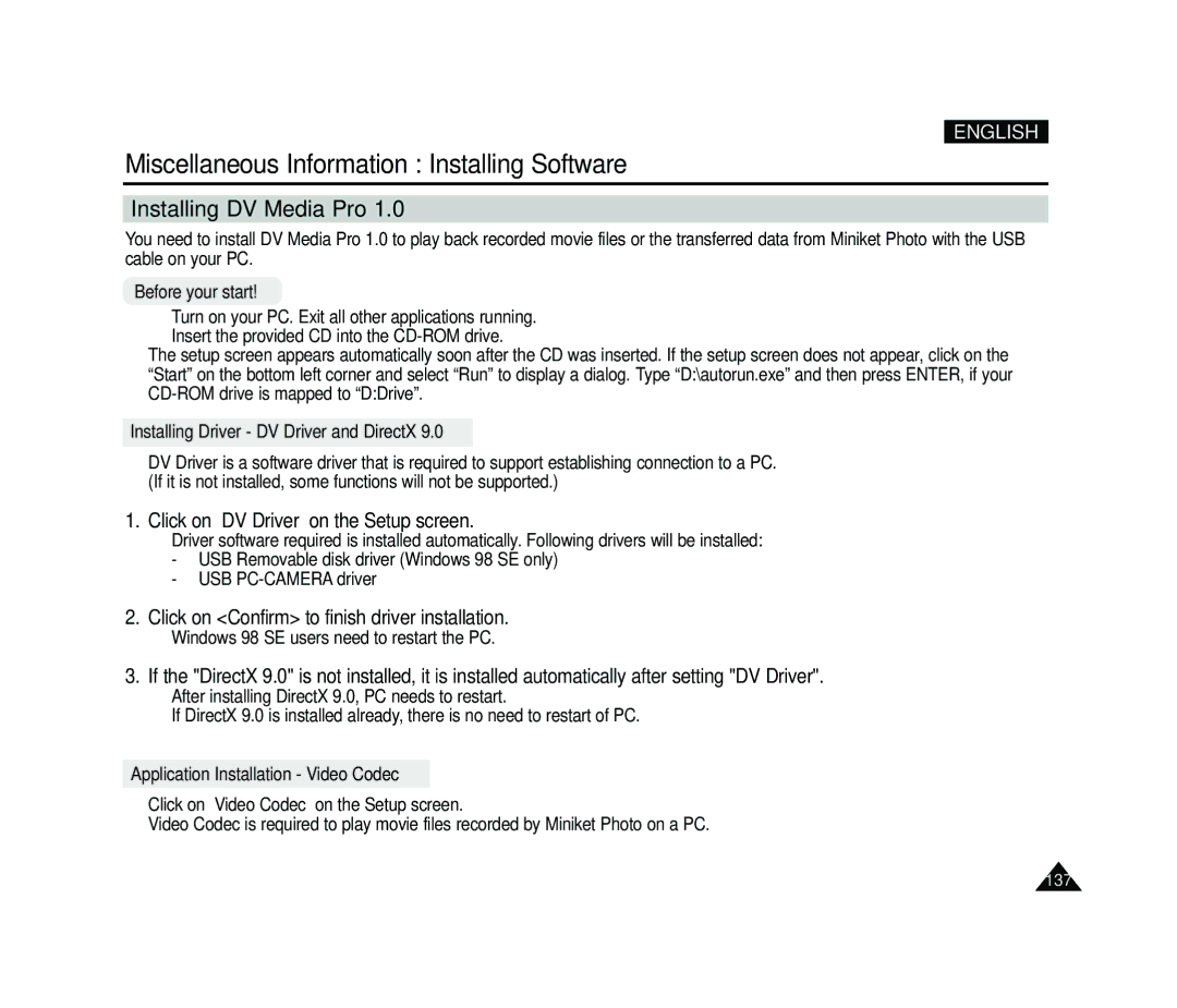 Samsung VP-MS15, VP-MS11 manual Miscellaneous Information Installing Software, Installing DV Media Pro 