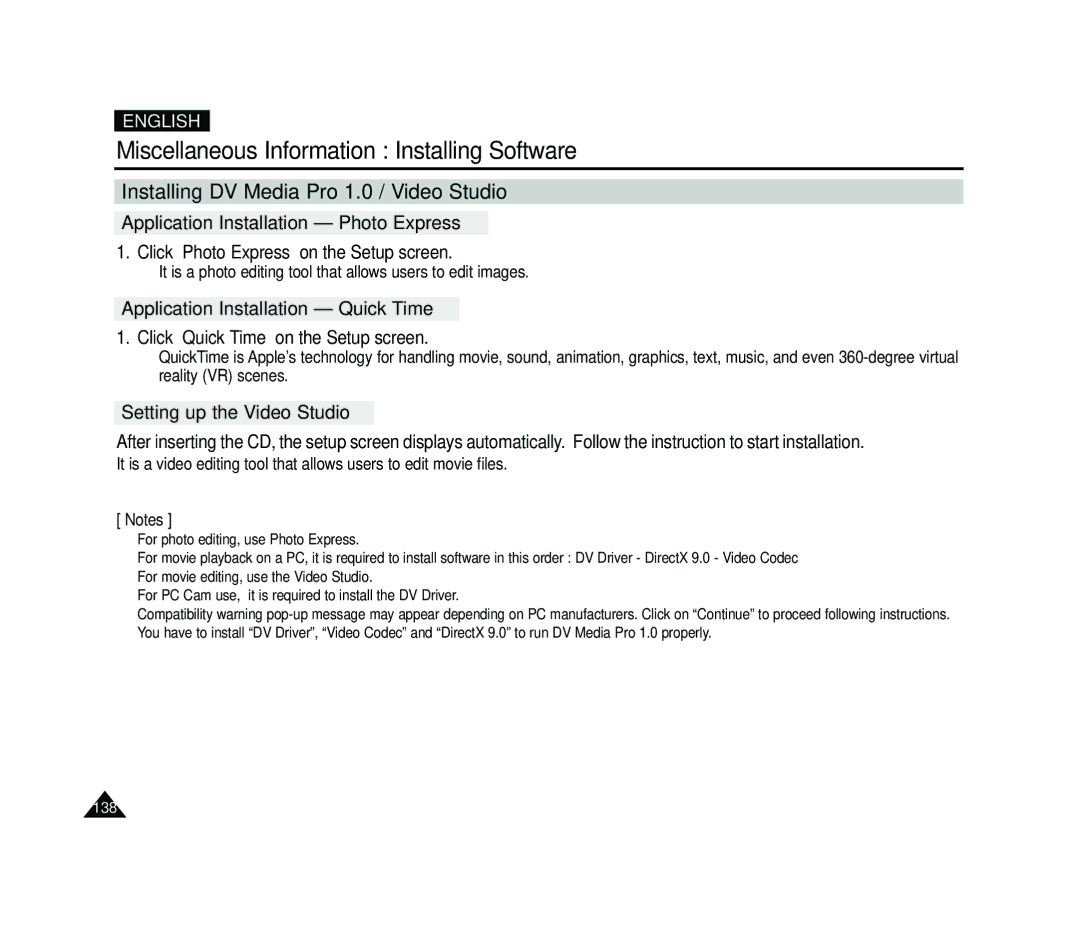 Samsung VP-MS11, VP-MS15 manual Installing DV Media Pro 1.0 / Video Studio, Click Photo Express on the Setup screen 