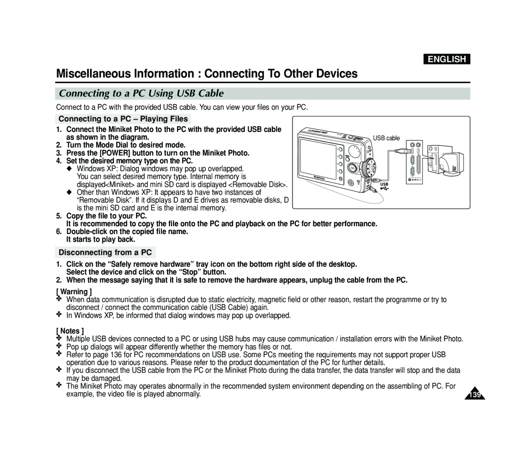 Samsung VP-MS15, VP-MS11 manual Miscellaneous Information Connecting To Other Devices, Connecting to a PC Using USB Cable 