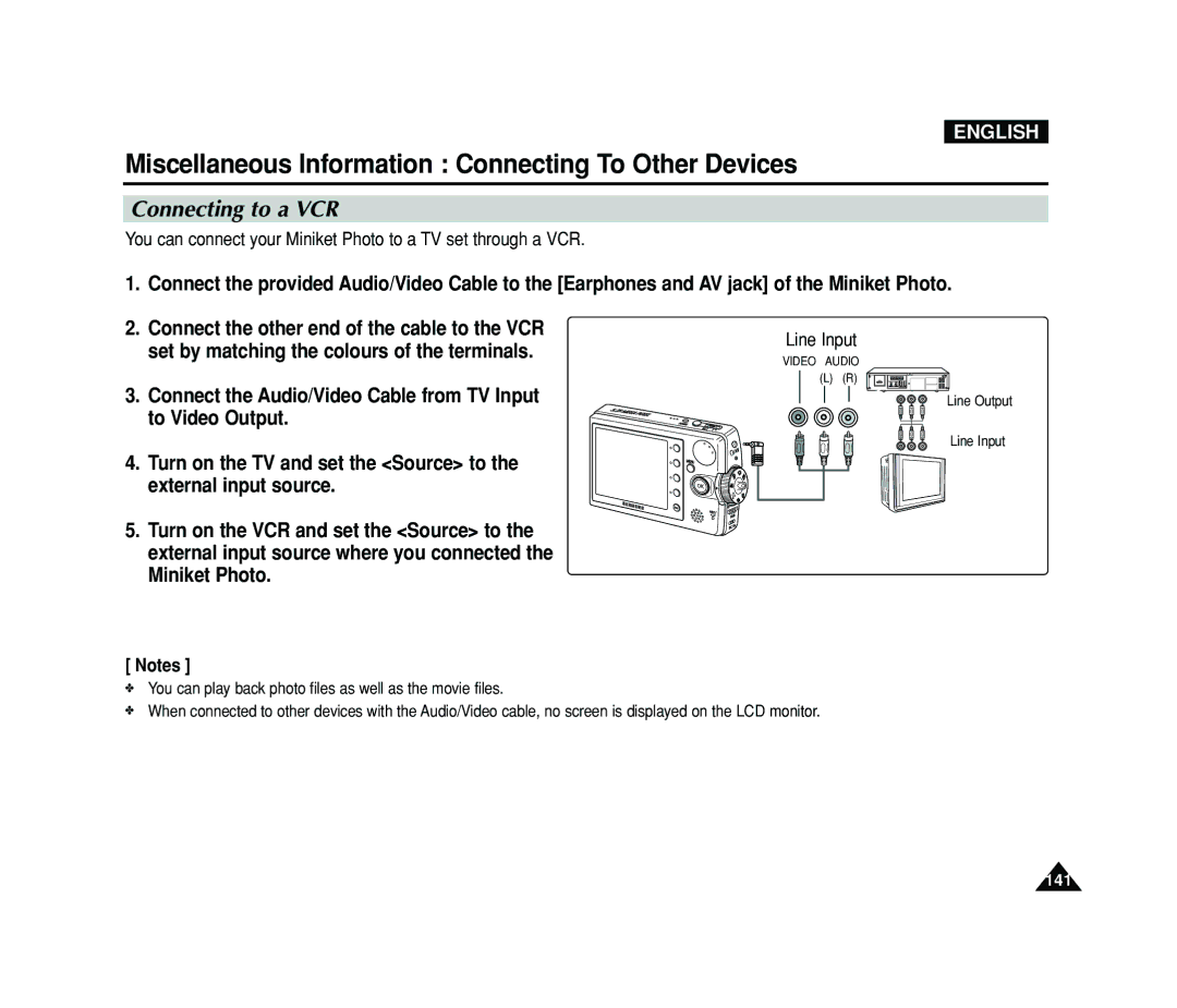 Samsung VP-MS15, VP-MS11 manual Connecting to a VCR, You can connect your Miniket Photo to a TV set through a VCR 