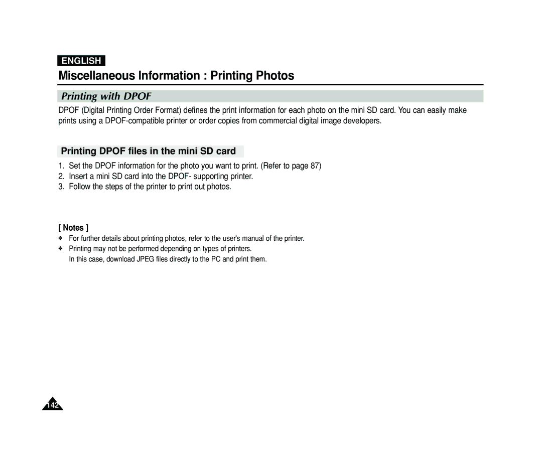 Samsung VP-MS11, VP-MS15 manual Miscellaneous Information Printing Photos, Printing with Dpof 