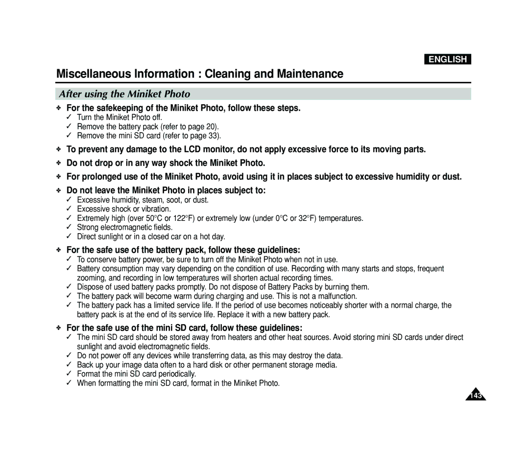 Samsung VP-MS15, VP-MS11 manual Miscellaneous Information Cleaning and Maintenance, After using the Miniket Photo 