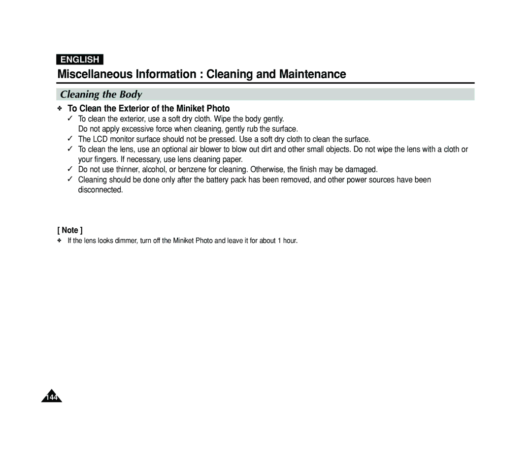 Samsung VP-MS11, VP-MS15 manual Cleaning the Body, To Clean the Exterior of the Miniket Photo 