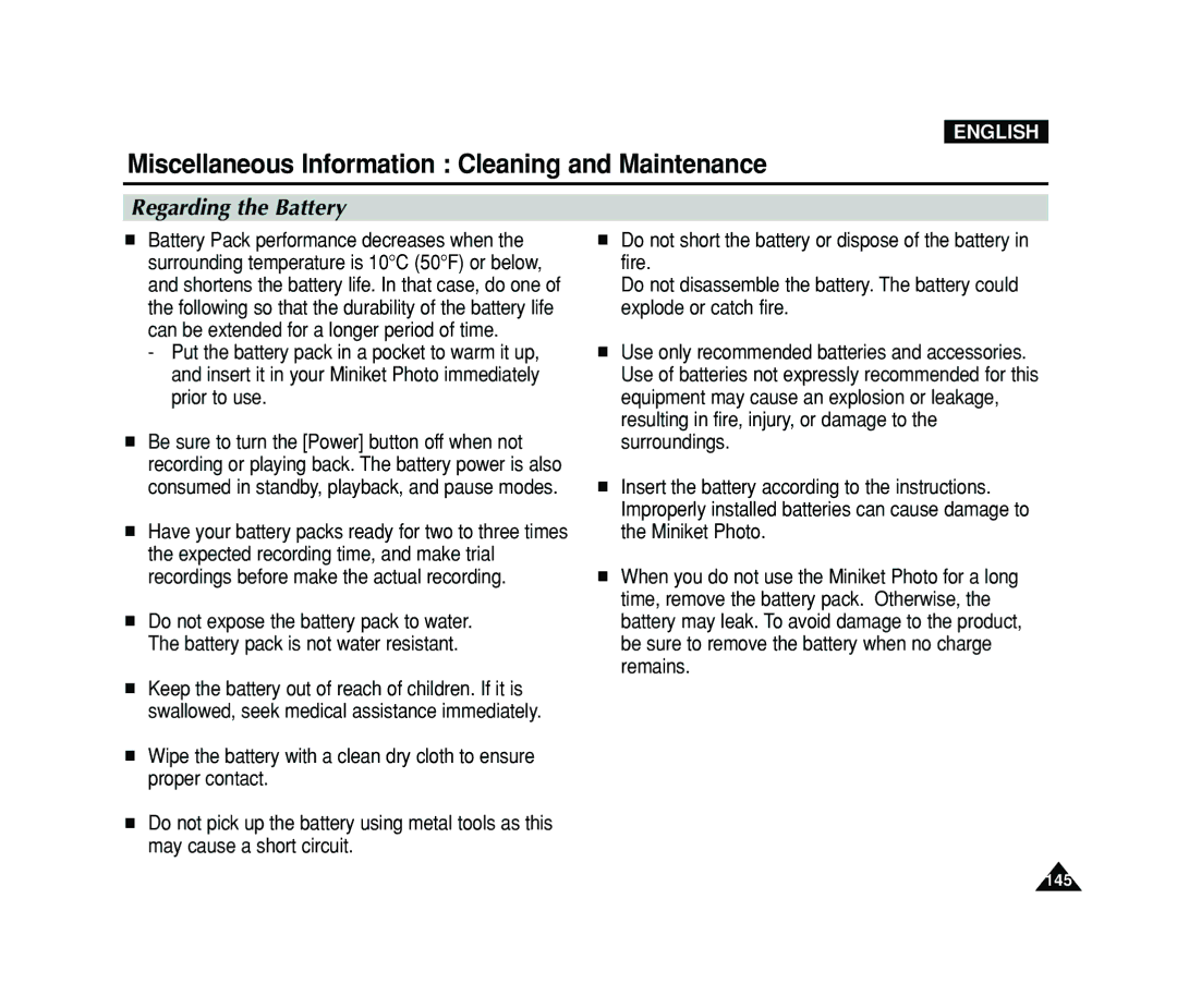 Samsung VP-MS15, VP-MS11 manual Regarding the Battery 