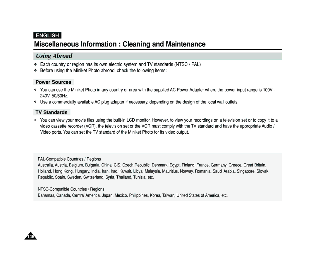 Samsung VP-MS11, VP-MS15 manual Using Abroad, Power Sources, TV Standards 