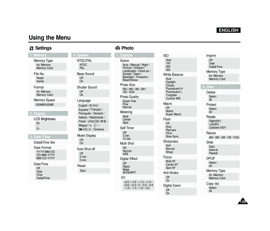 Samsung VP-MS15, VP-MS11 manual Using the Menu, Settings, Photo 