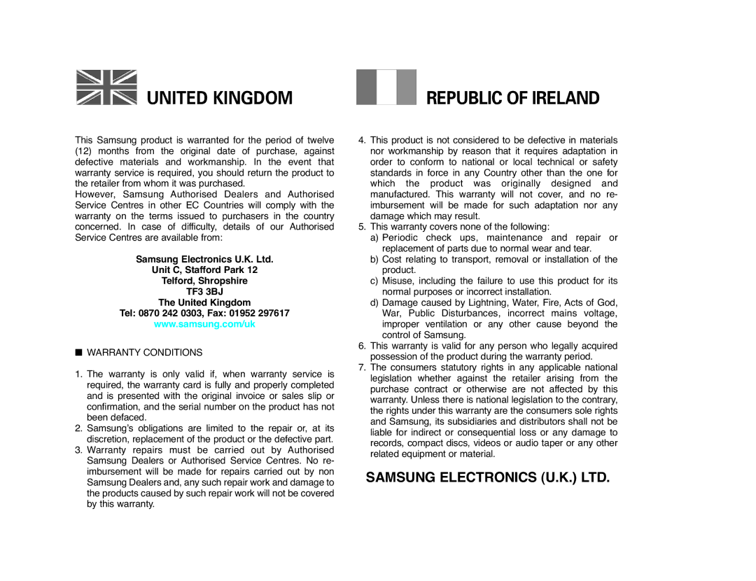 Samsung VP-MS11, VP-MS15 manual Unit C, Stafford Park Telford, Shropshire, United Kingdom Tel 0870 242 0303, Fax 01952 