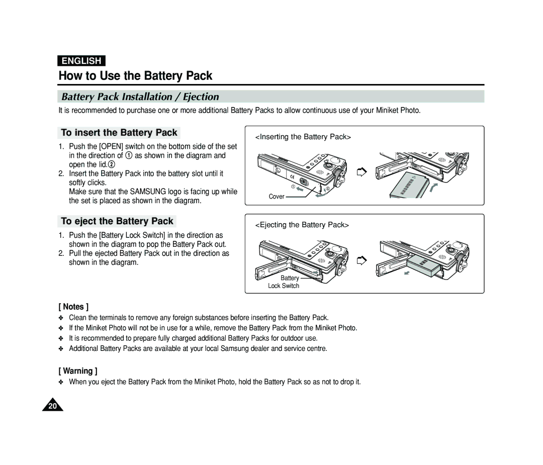 Samsung VP-MS11, VP-MS15 How to Use the Battery Pack, Battery Pack Installation / Ejection, Inserting the Battery Pack 