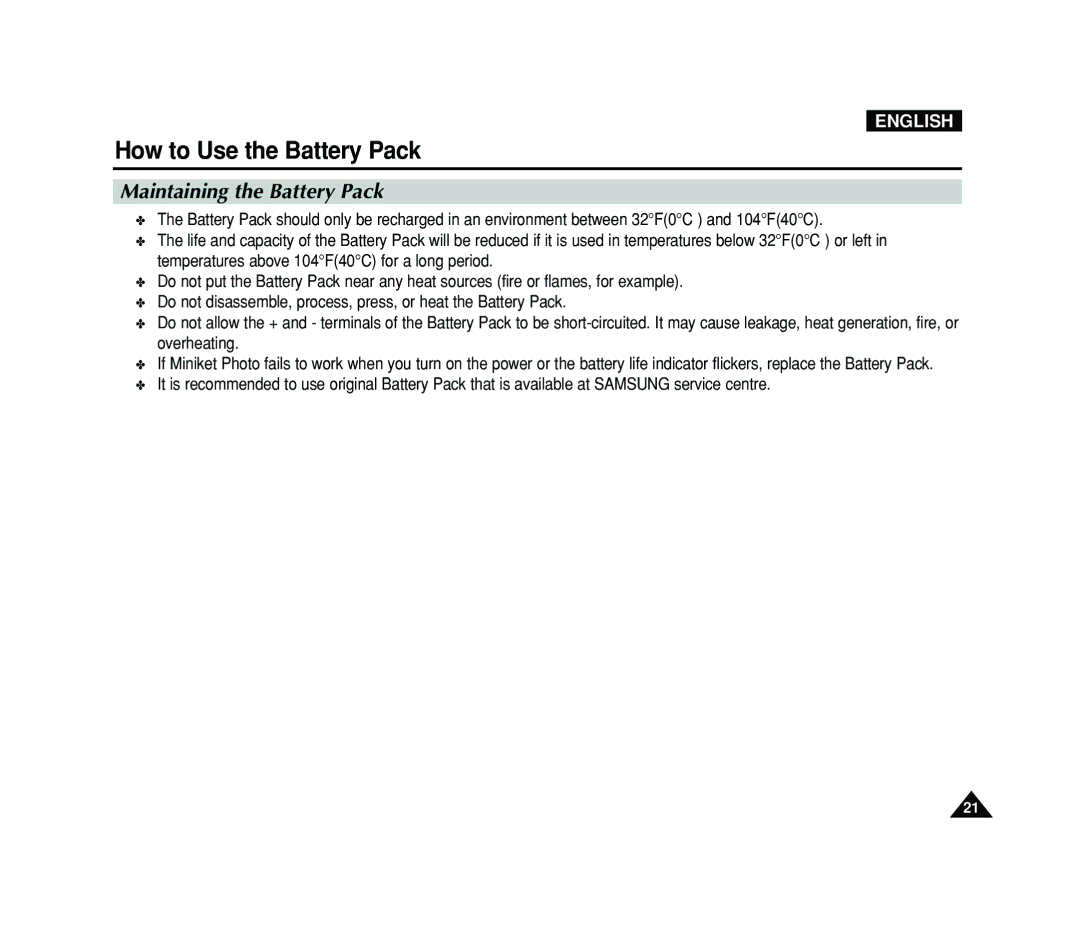 Samsung VP-MS15, VP-MS11 manual Maintaining the Battery Pack 