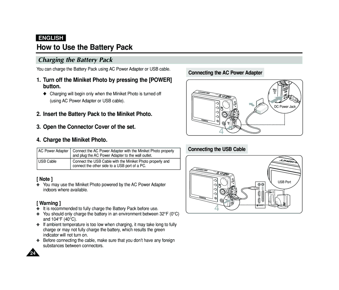 Samsung VP-MS11, VP-MS15 manual Charging the Battery Pack, Turn off the Miniket Photo by pressing the Power button 