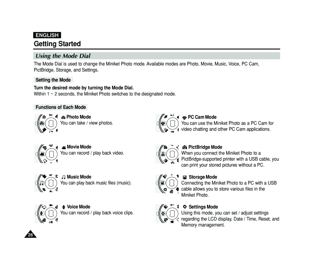 Samsung VP-MS11, VP-MS15 manual Using the Mode Dial, Functions of Each Mode Photo Mode, Movie Mode, Music Mode, Voice Mode 